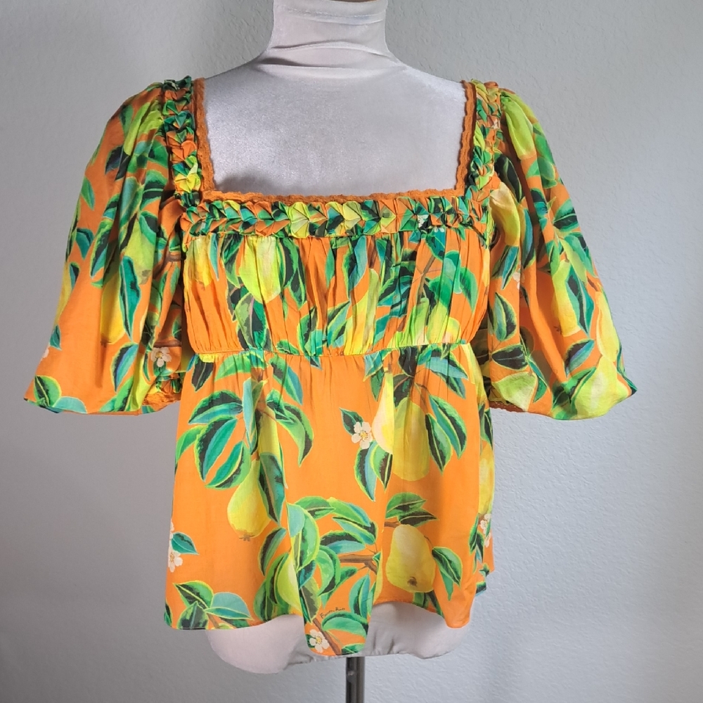Farm Rio Women’s Blouse Orange Chic Pears Large Short Puff  Sleeve Lace Braid